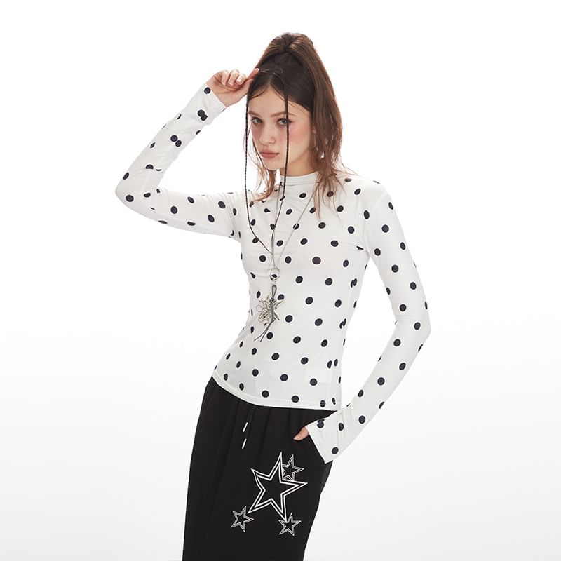 Mock-Neck Polka-Dot Long-Sleeved Slim-Fit T-Shirt