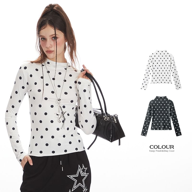 Mock-Neck Polka-Dot Long-Sleeved Slim-Fit T-Shirt