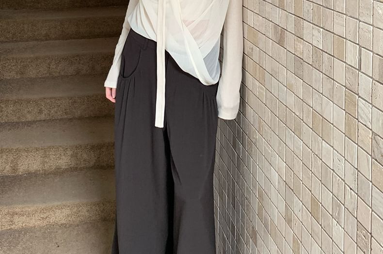 Mesh Wrap Top with Mock Layer and Long Sheer Sleeves