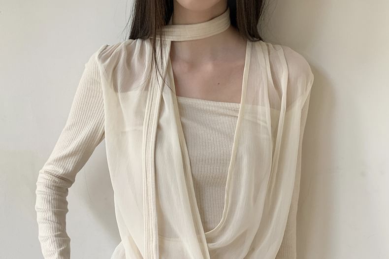 Mesh Wrap Top with Mock Layer and Long Sheer Sleeves