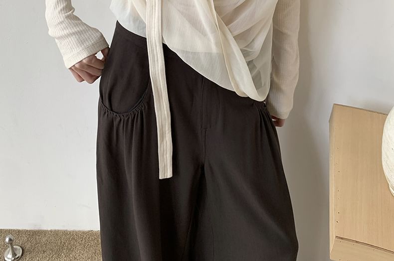 Mesh Wrap Top with Mock Layer and Long Sheer Sleeves