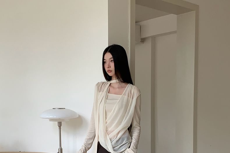 Mesh Wrap Top with Mock Layer and Long Sheer Sleeves