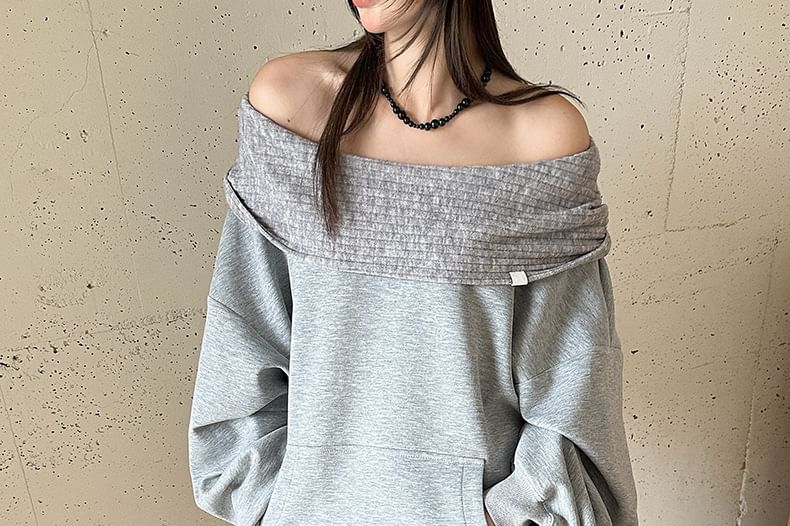 Off-Shoulder Paneled Hoodie with Drop Shoulder Sleeves