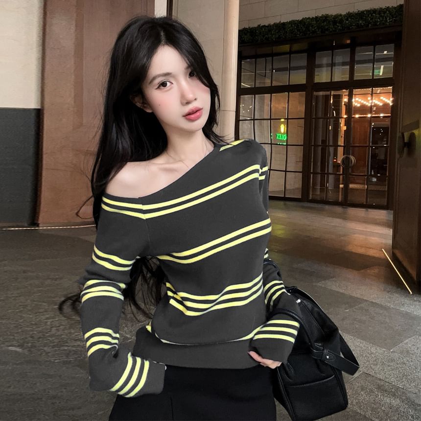 Striped Off-Shoulder Knit Top with Long Ruffled Sleeves