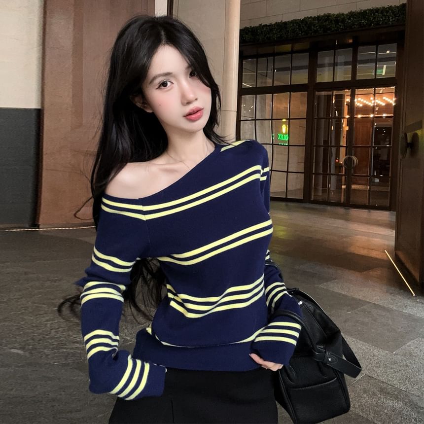 Striped Off-Shoulder Knit Top with Long Ruffled Sleeves