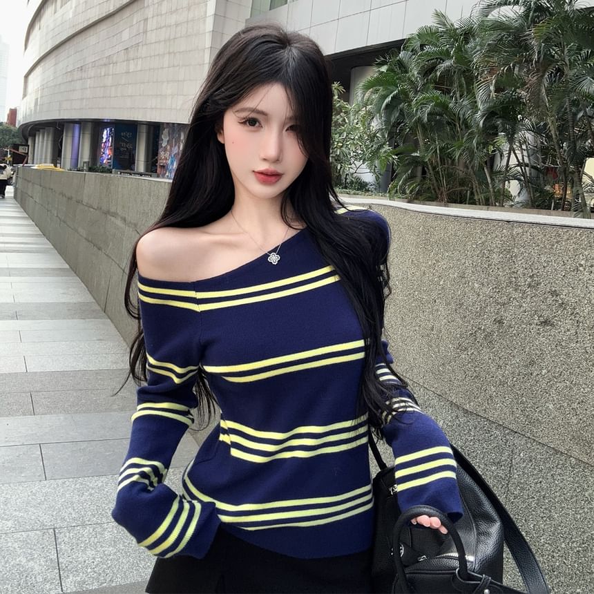 Striped Off-Shoulder Knit Top with Long Ruffled Sleeves