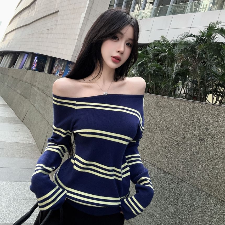 Striped Off-Shoulder Knit Top with Long Ruffled Sleeves