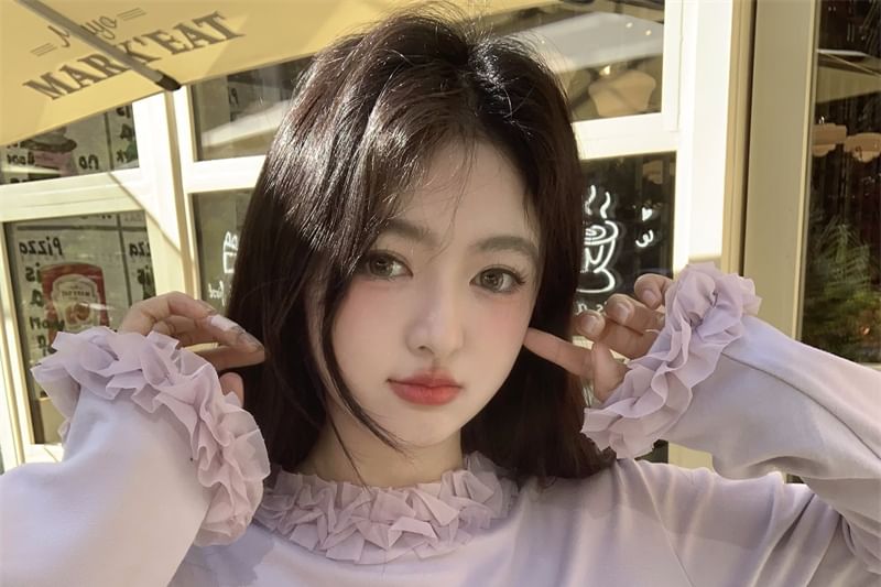 Ruffled Mock Neck Long-Sleeve Tee for Everyday Wear