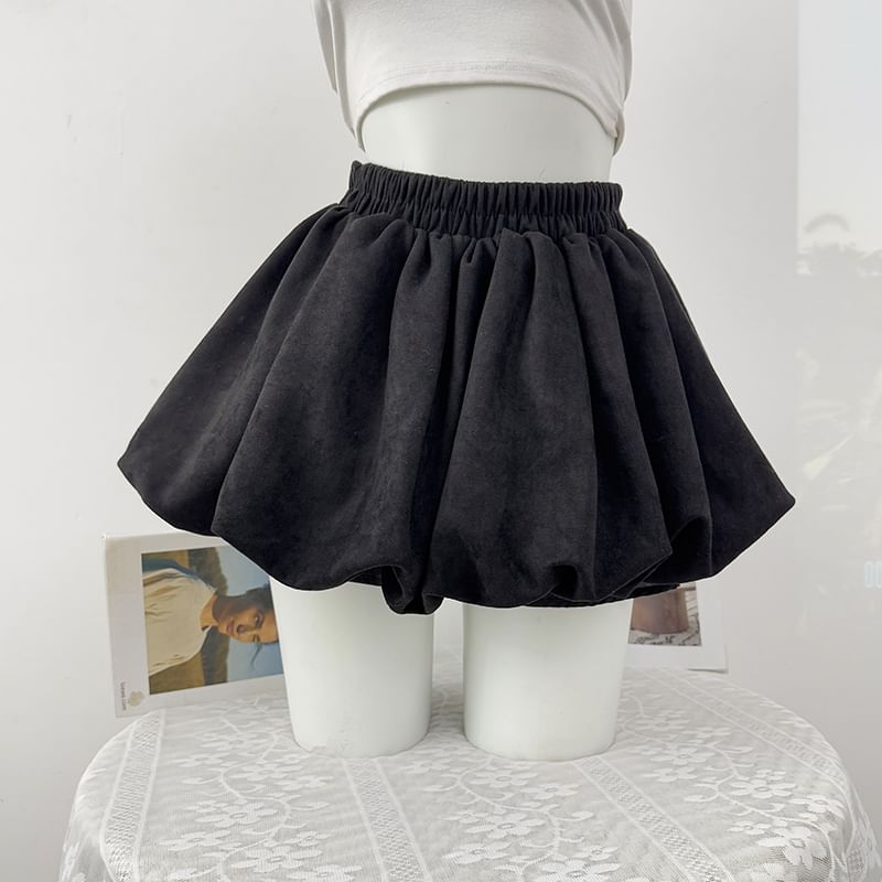 Elastic Waist Bubble Hem Faux Suede Mini A-Line Skirt