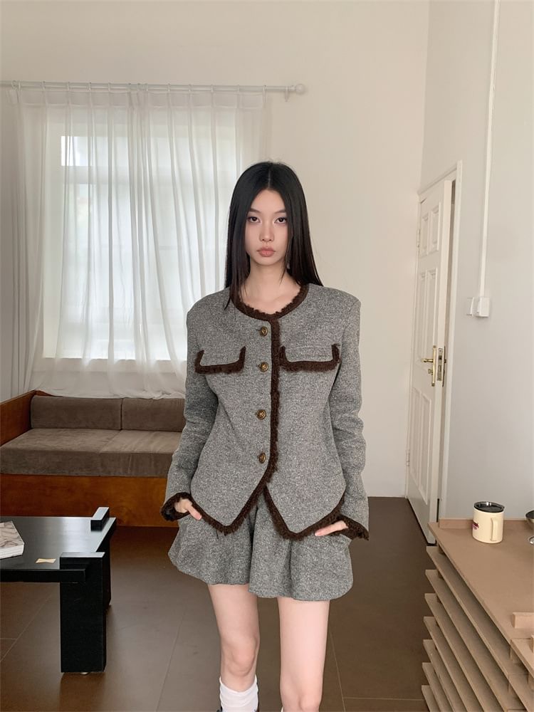 Round Neck Blazer & Mini A-Line Skirt Set