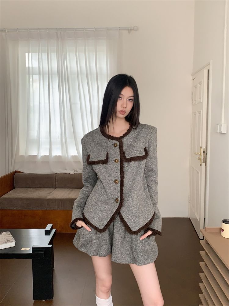 Round Neck Blazer & Mini A-Line Skirt Set