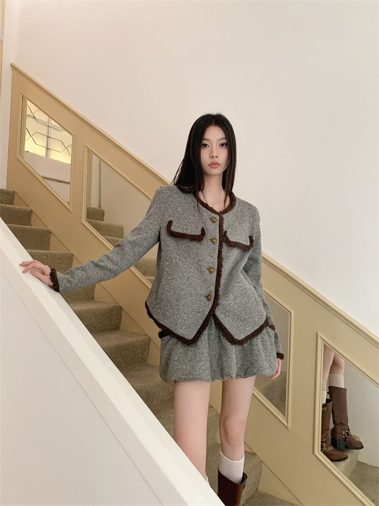 Round Neck Blazer & Mini A-Line Skirt Set