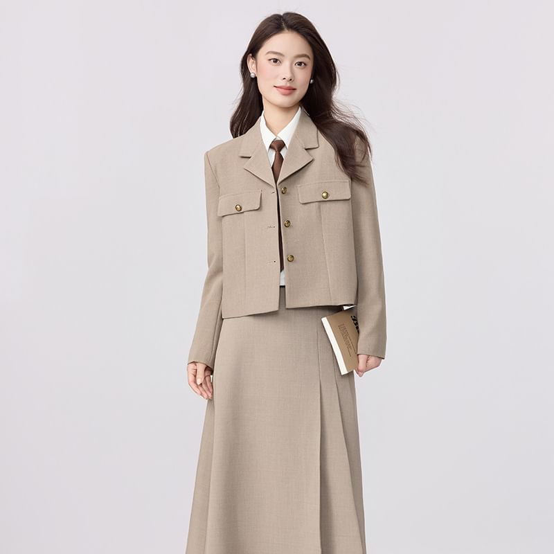 Tailored Blazer, High Waist Maxi Skirt, Long Sleeve Blouse