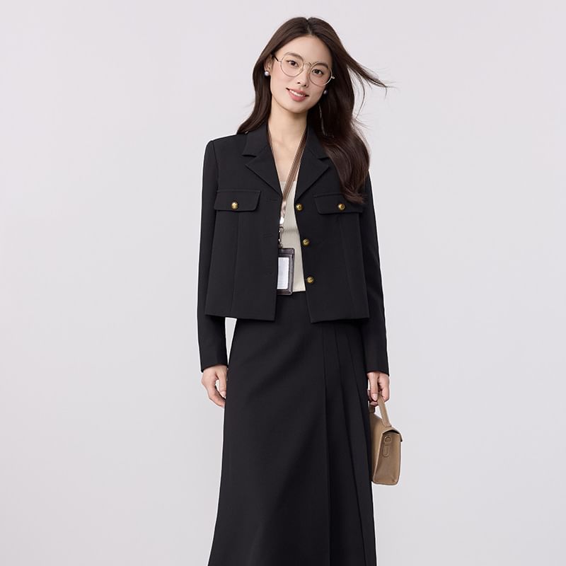 Tailored Blazer, High Waist Maxi Skirt, Long Sleeve Blouse