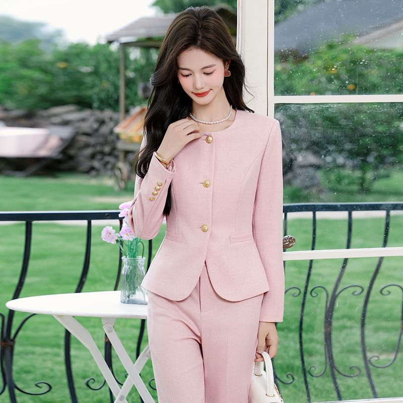 Round Neck Blazer, Midi Pencil Skirt, Wide Leg Trousers
