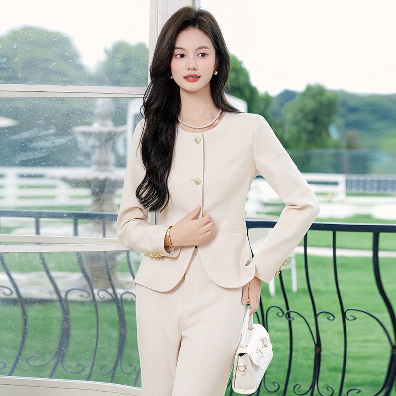Round Neck Blazer, Midi Pencil Skirt, Wide Leg Trousers
