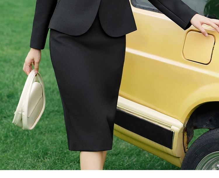 Round Neck Blazer, Midi Pencil Skirt, Wide Leg Trousers