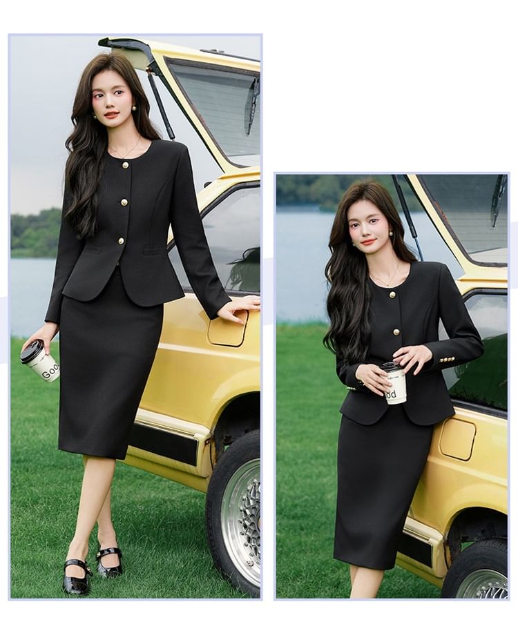 Round Neck Blazer & Midi Pencil Skirt & Slacks Set