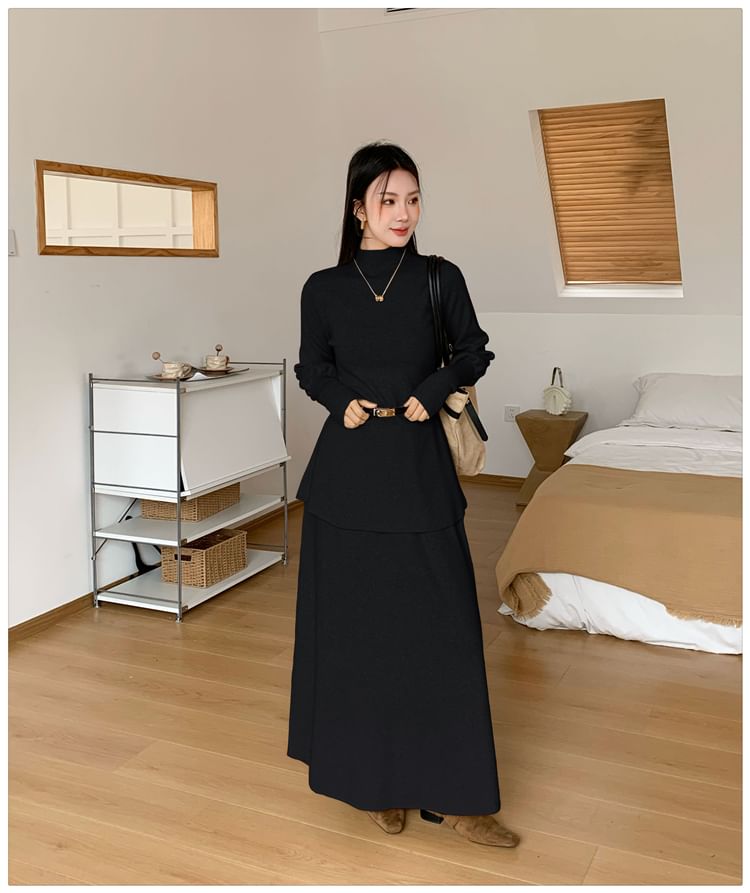 Elegant Crew Neck Knit Top & Flowing A-Line Skirt Ensemble