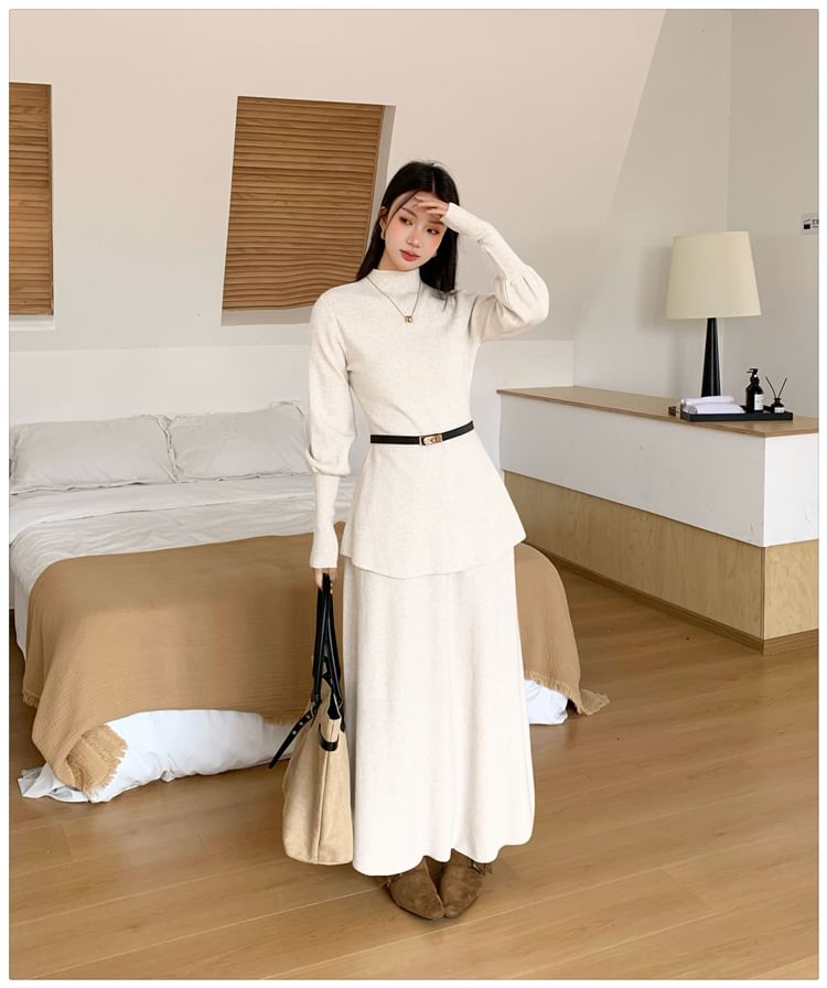 Elegant Crew Neck Knit Top & Flowing A-Line Skirt Ensemble