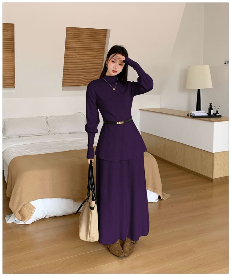 Elegant Crew Neck Knit Top & Flowing A-Line Skirt Ensemble