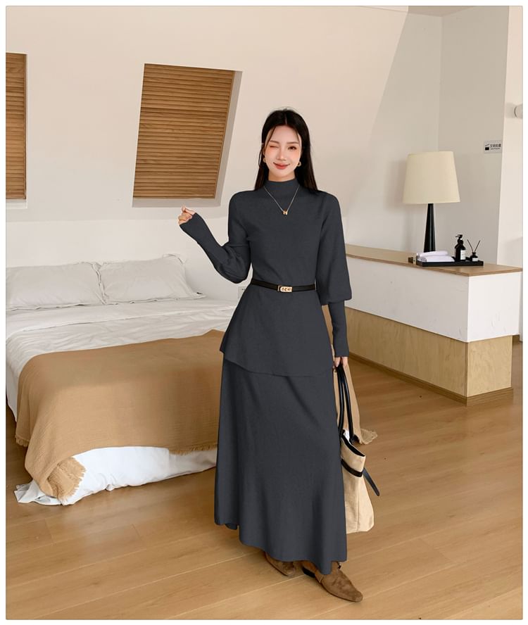 Elegant Crew Neck Knit Top & Flowing A-Line Skirt Ensemble