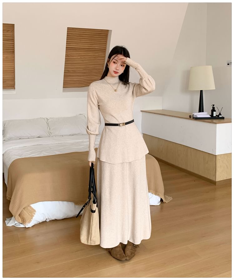 Elegant Crew Neck Knit Top & Flowing A-Line Skirt Ensemble