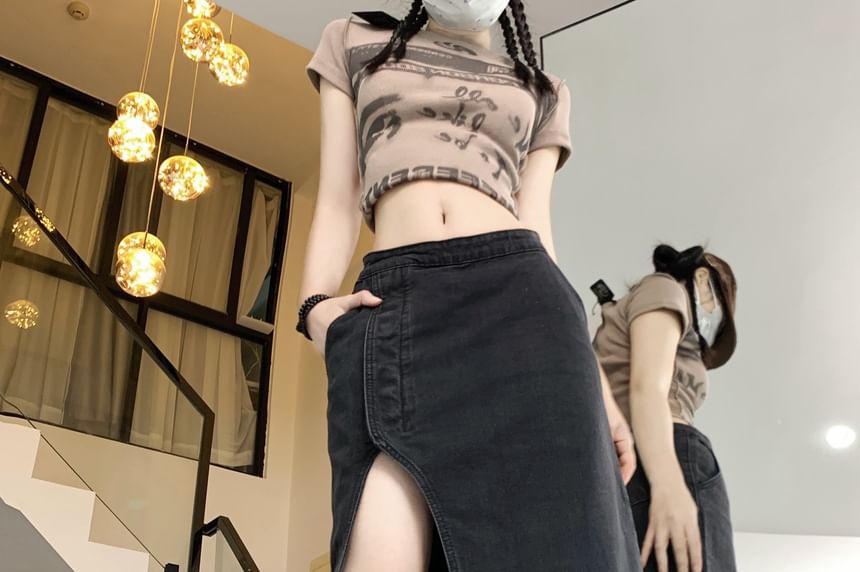 High Rise Washed Denim Slit Midi A-Line Skirt