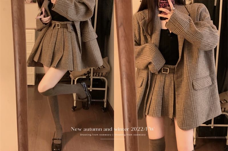 Plaid Pleated Mini Skirt & One-Button Blazer Set