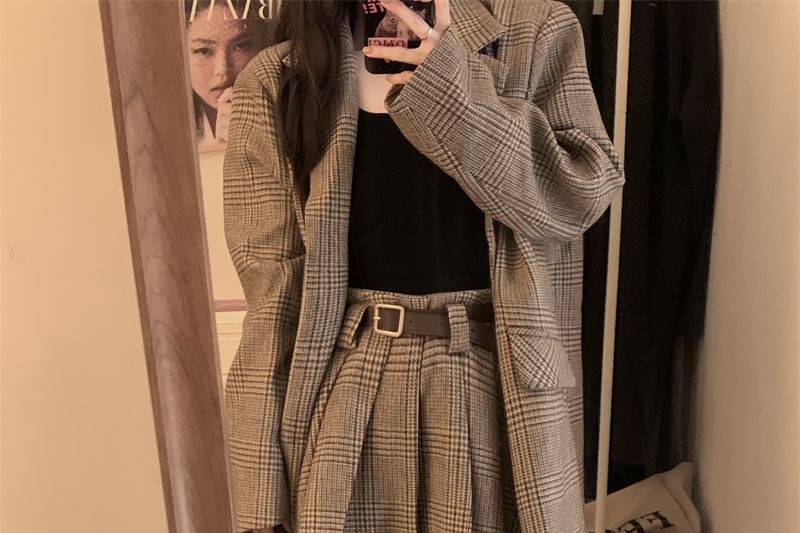 Plaid Pleated Mini Skirt & One-Button Blazer Set