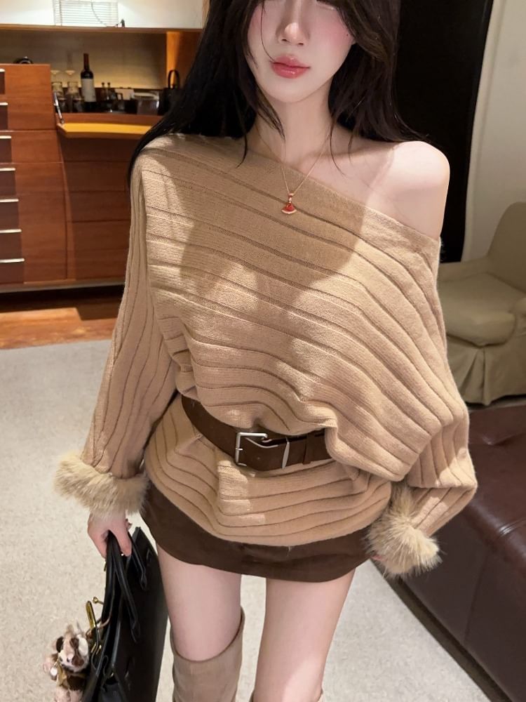 Chic Off-Shoulder Sweater with Fluffy Sleeves & Waist Belt