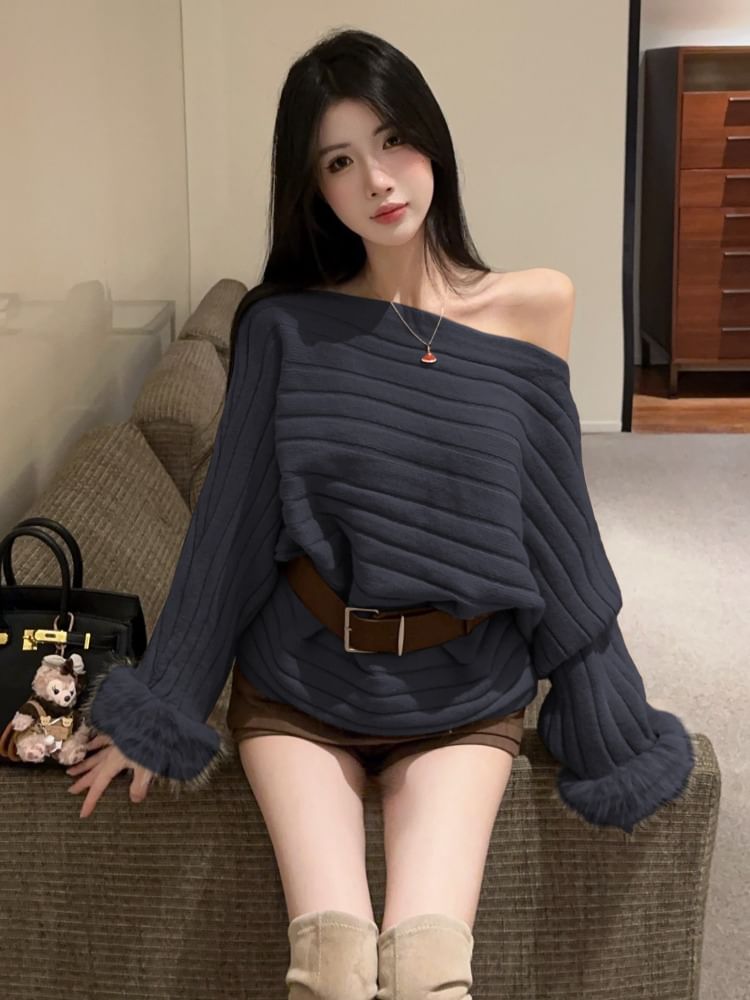 Chic Off-Shoulder Sweater with Fluffy Sleeves & Waist Belt