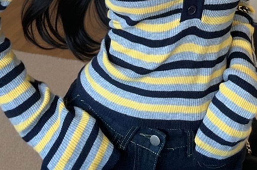 Slim-Fit Striped Knit Top with Contrast Collar