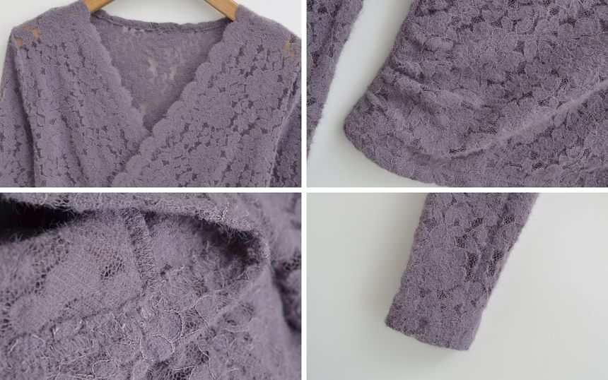 Lace-Trimmed V-Neck Crop Top with Long Sleeves