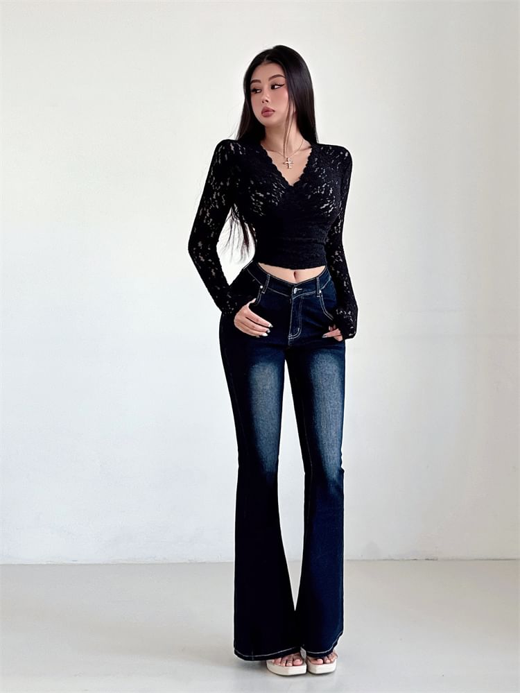 Lace-Trimmed V-Neck Crop Top with Long Sleeves