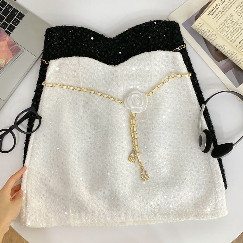 Sequin Mini A-Line Skirt with Chain Belt Set