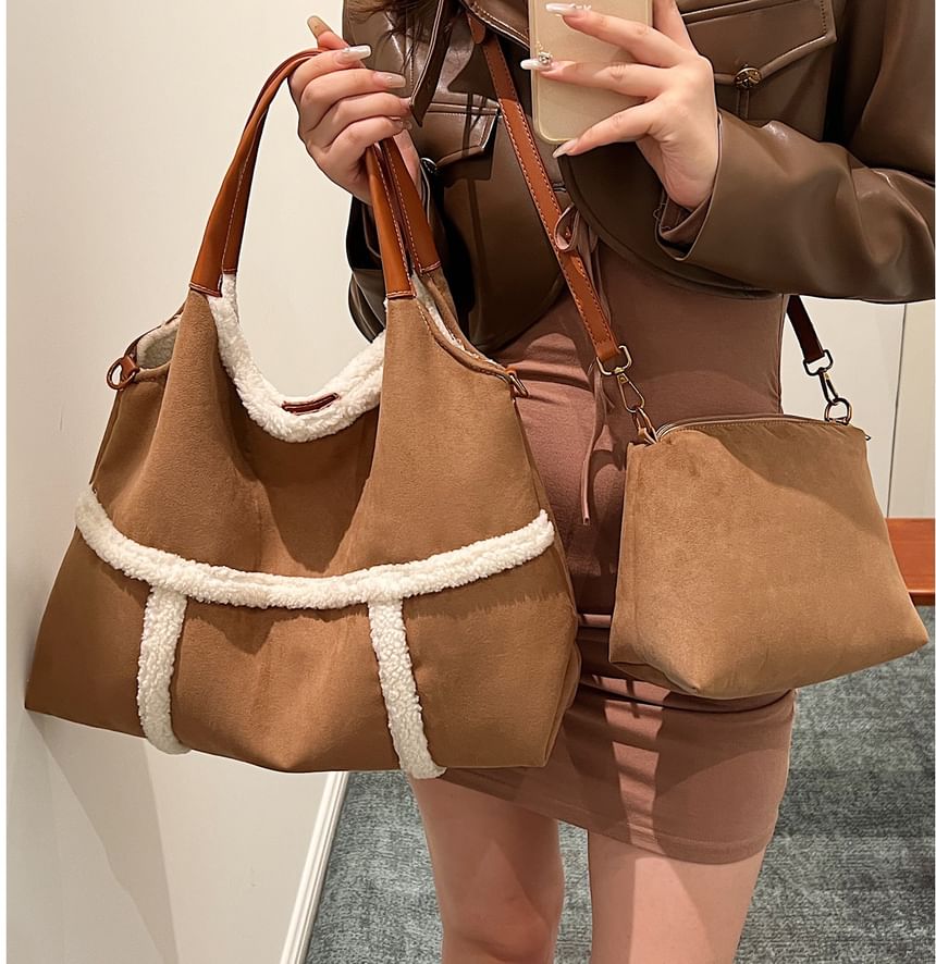 Fleece Trim Shoulder Bag With Pouch
