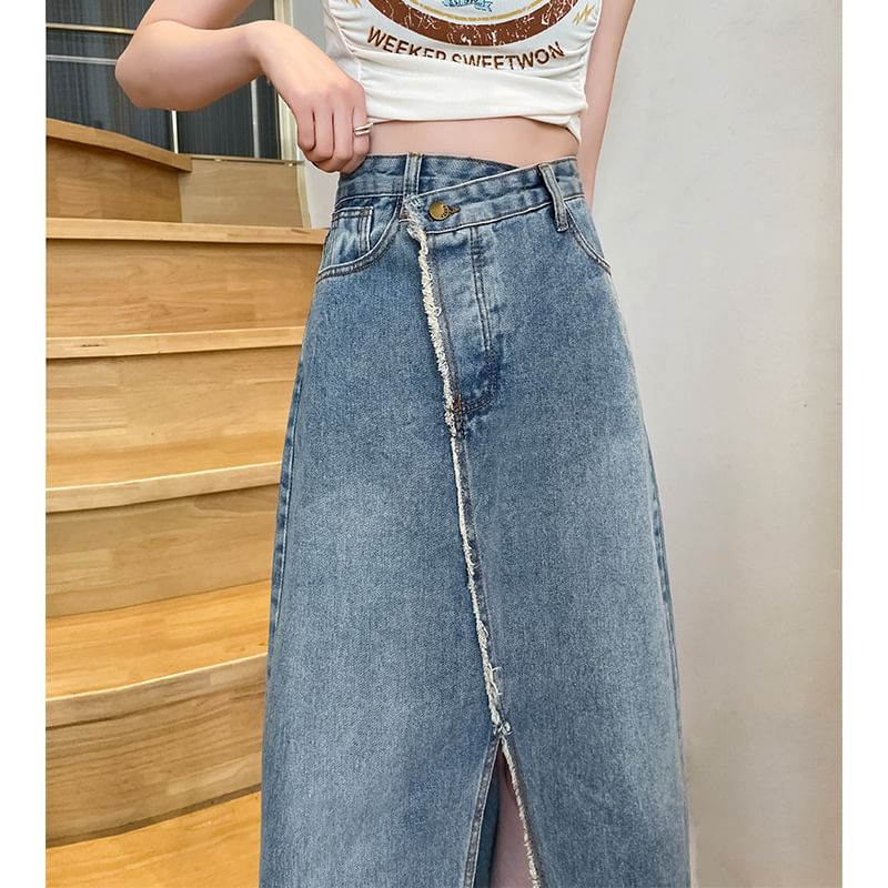 Asymmetrical Washed Denim Midi A-Line Skirt with Slit