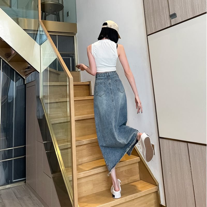 Asymmetrical Washed Denim Midi A-Line Skirt with Slit