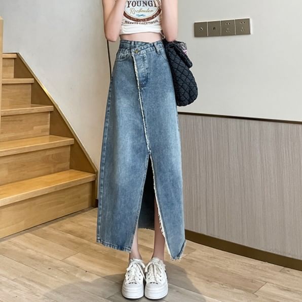 Asymmetrical Washed Denim Midi A-Line Skirt with Slit