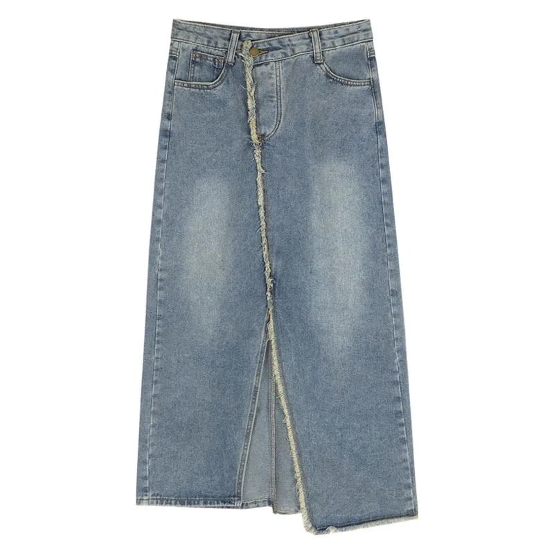 Asymmetrical Washed Denim Midi A-Line Skirt with Slit