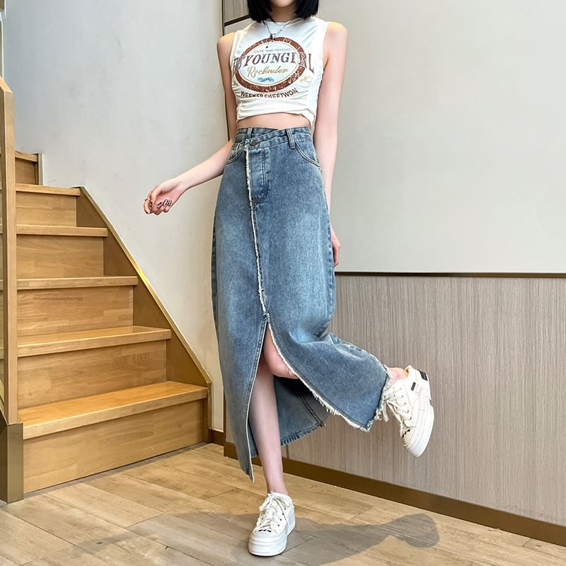 Asymmetrical Washed Denim Midi A-Line Skirt with Slit