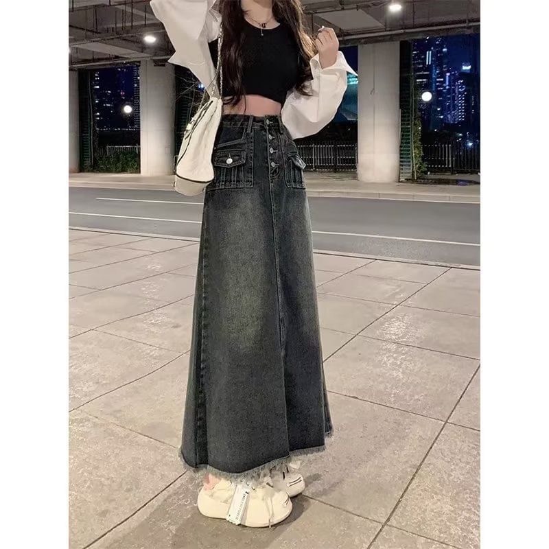 Washed Denim Maxi A-Line Skirt with Button Fly