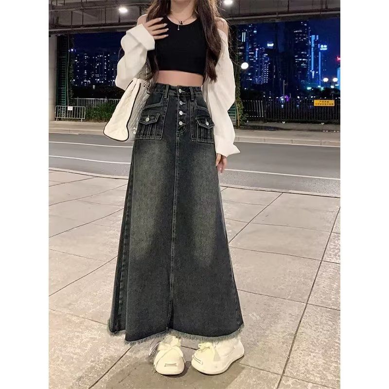 Washed Denim Maxi A-Line Skirt with Button Fly