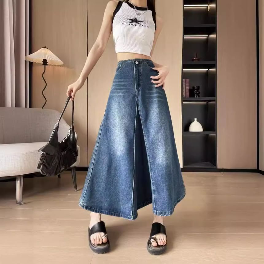 Washed Denim Midi A-Line Skirt