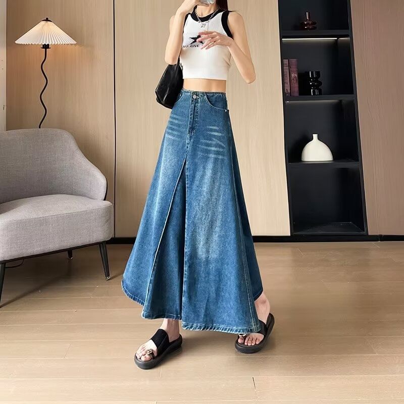 Washed Denim Midi A-Line Skirt