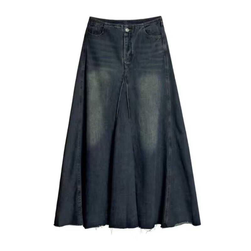 Washed Denim Midi A-Line Skirt