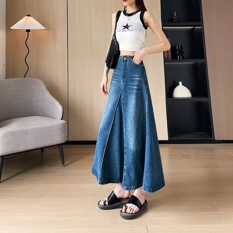Washed Denim Midi A-Line Skirt