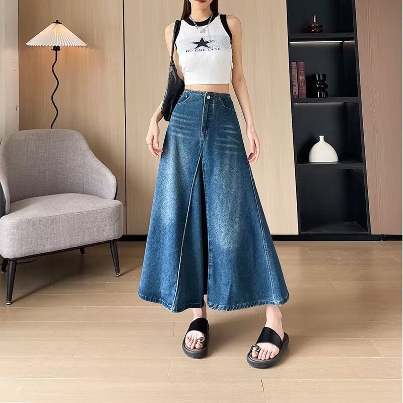 Washed Denim Midi A-Line Skirt