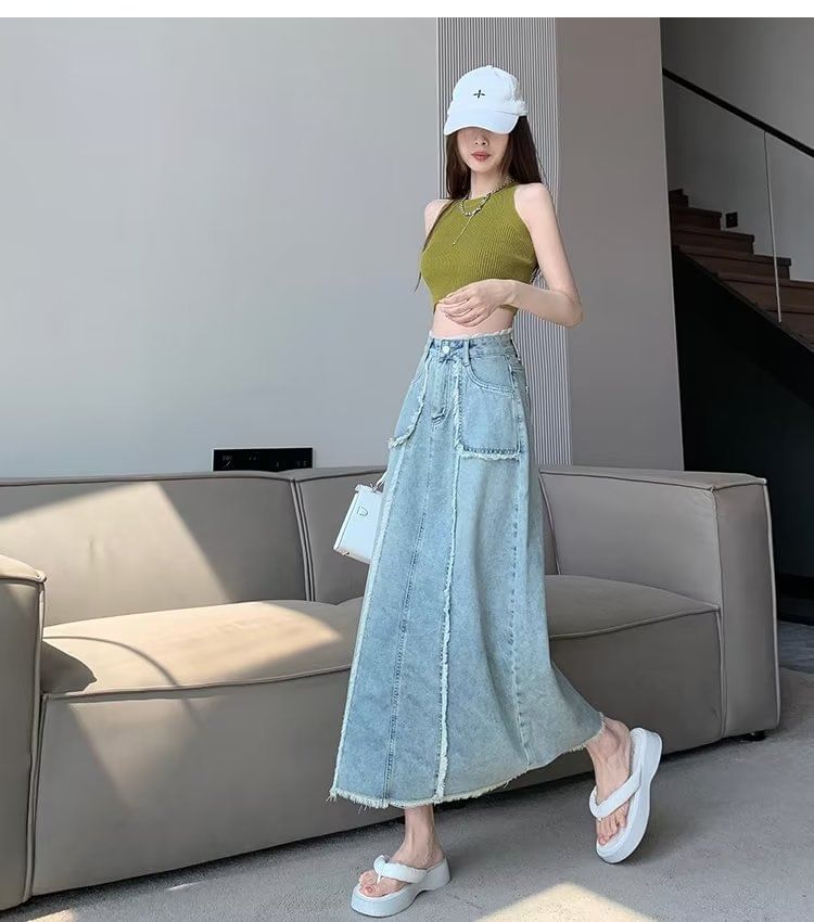 High Rise Washed Frayed Denim Midi A-Line Skirt